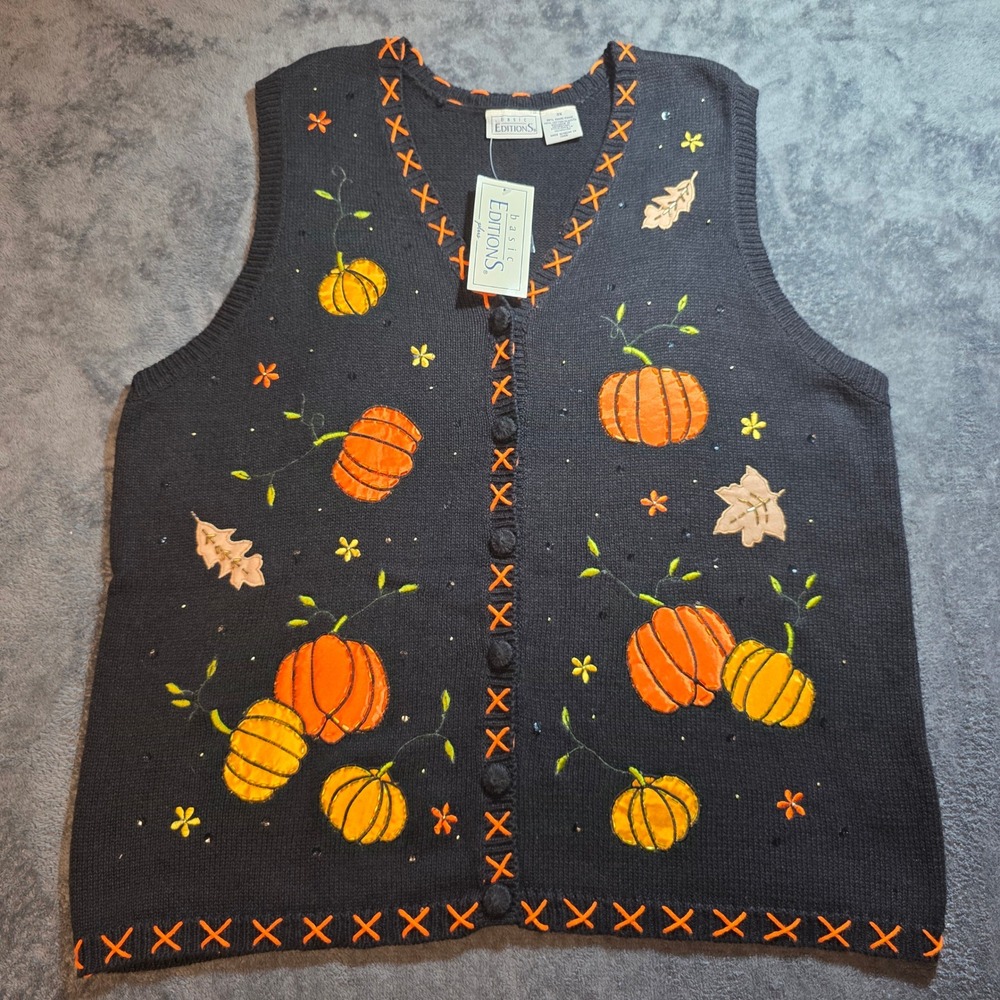 Vintage Sweater Vest Womens 3X Pumpkin Embroidered Black Fall NWT Halloween Fall